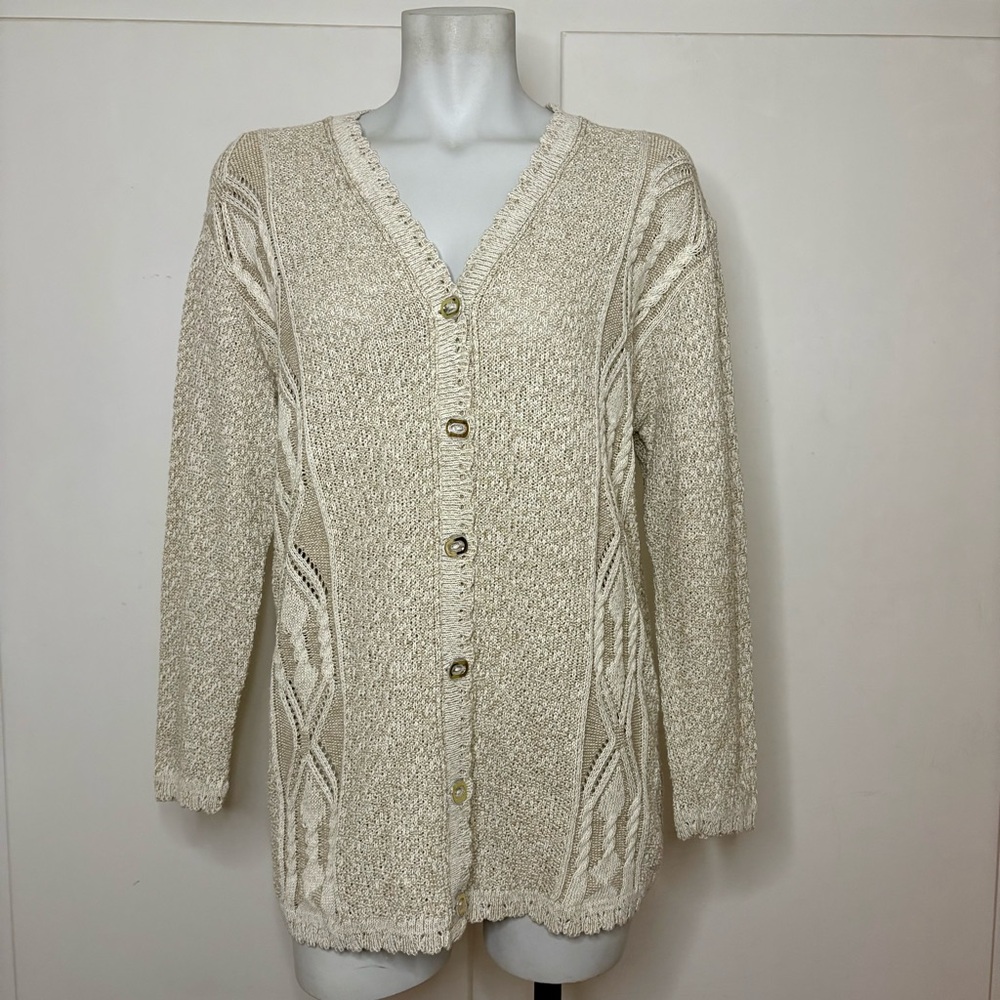 Vintage 80s Beige Scalloped Edge Neutral Natural Fiber Cardigan Sweater